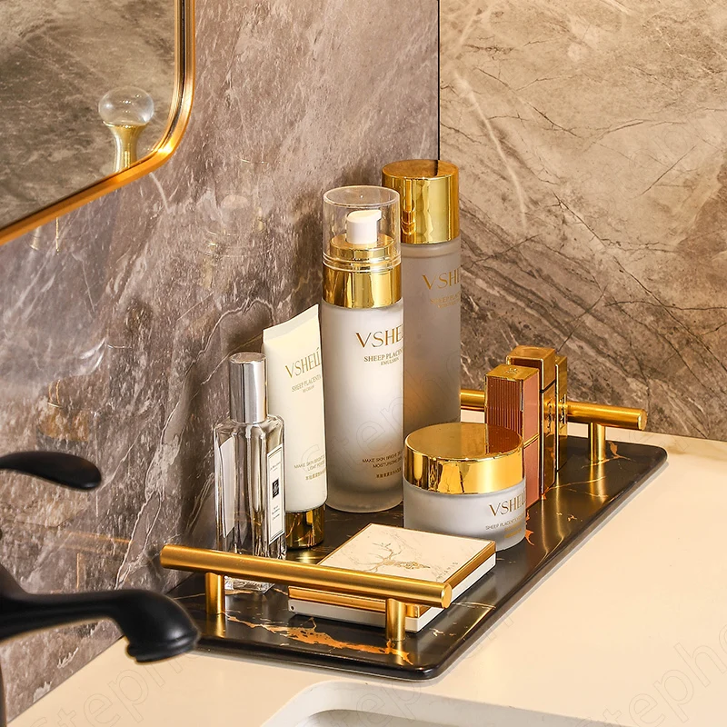 Golden Handle Ceramic Trays Decorative Nordic Modern Gold Marble Texture Home Bathroom Cosmetic Skin Care Products Storage Tray |