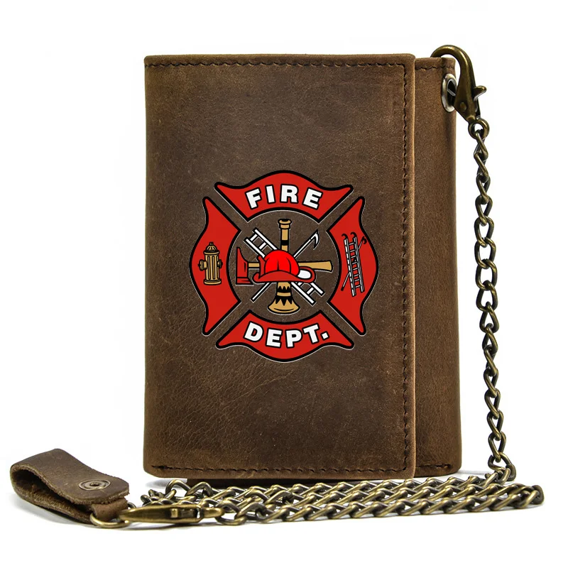 

High Quality Men Genuine Leather Wallet Anti Theft Hasp With Iron Chain Firefighter Control Cover Card Holder Short Purse