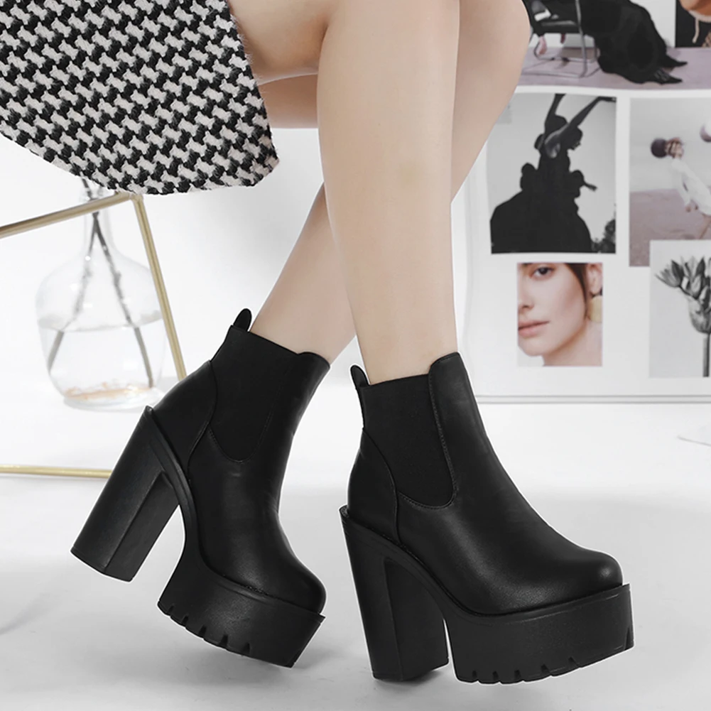 

BONJOMARISA Chunky High Heels Ankle Women Boots Thick Platform Slip-on Casual Shoes For Women Fashion Solid Concise Women Boots