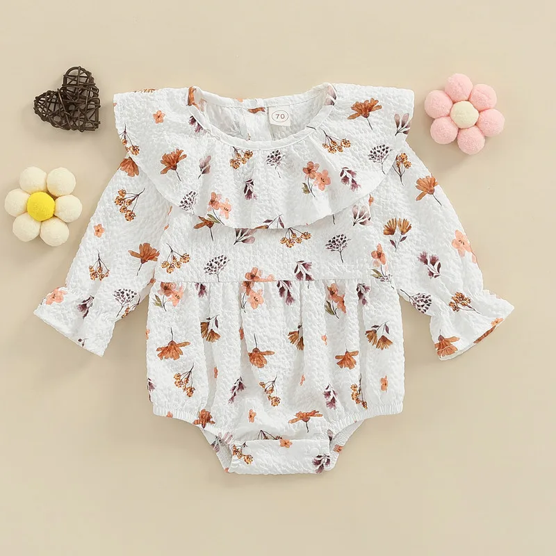 

New Born Baby Girls Spring Fall Bodysuit Long Sleeve Floral Doll Collar Ruched Infant/Toddler Snap Triangle Bottom Jumpsuit