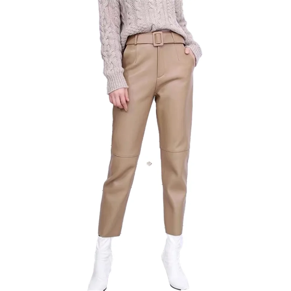 

Женские кожаные брюки, весенне-осенние свободные шаровары из натуральной овечьей шкуры, повседневные брюки до щиколотки с высокой талией и поясом
