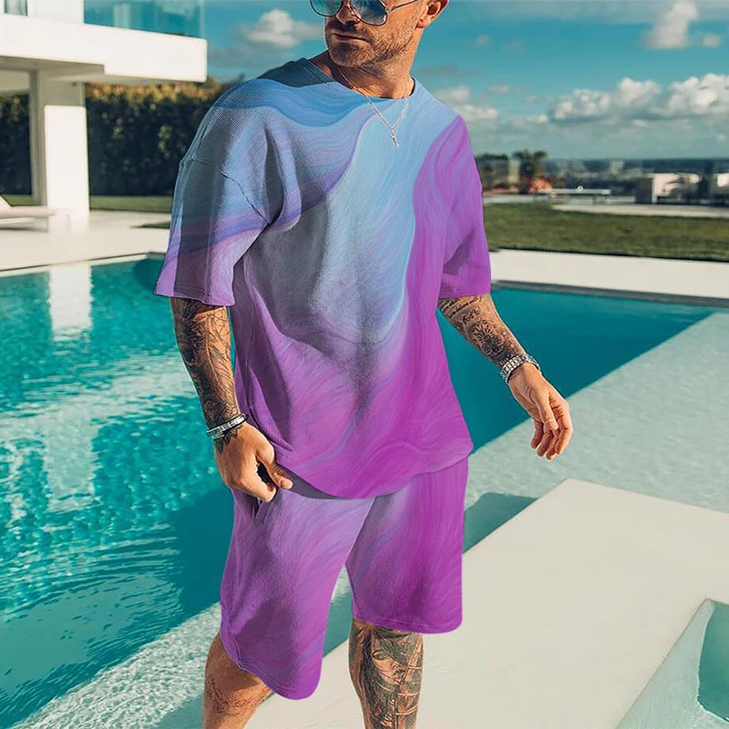 Summer Men's Tracksuit Set  Casual 3D Printed Crewneck Short Sleeve Loose 2-piece Suit Fashion Streetwear Pattern T-shirt