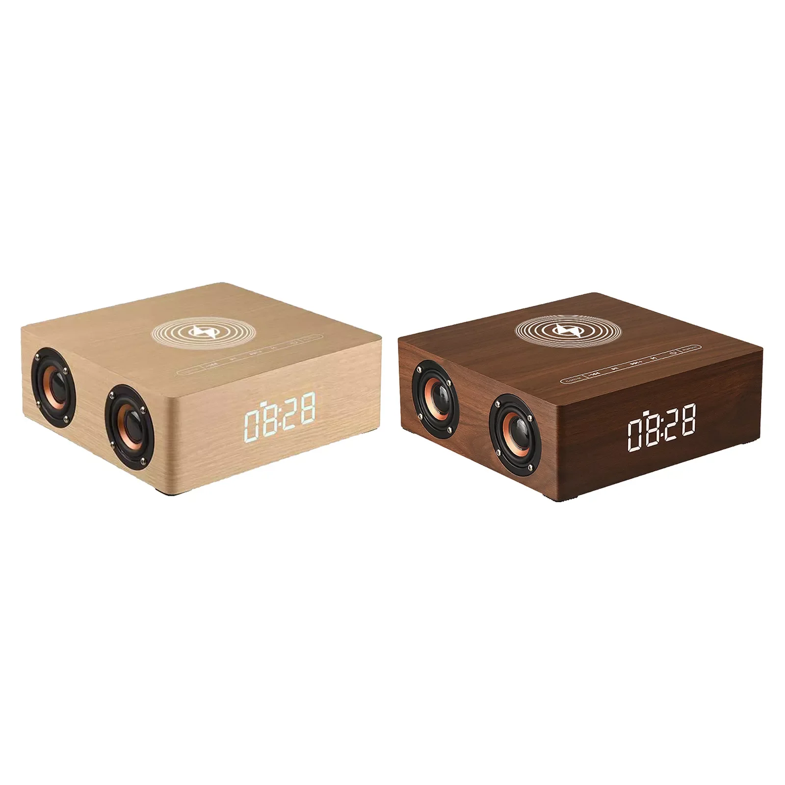 

2022 2022.Wireless Charger Alarm Clock LED Wood Digital LED Display Bluetooth Speaker