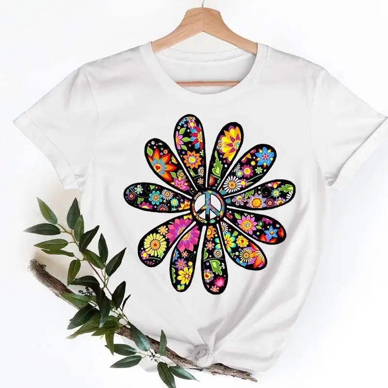 

Graphic Tee T-shirts Female Peace Trend 90s Short Sleeve Flower Sweet Ladies Women Fashion Casual Clothing Summer Tshirt Clothes