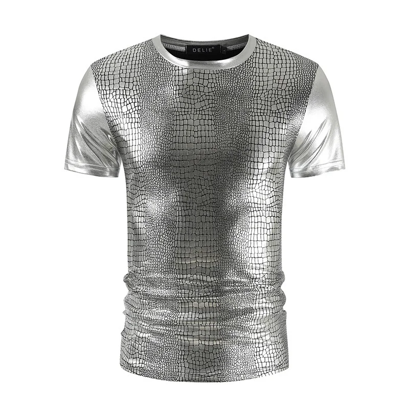 

#4127 Black Gold Silver Short Sleeve T Shirt Men Slim O-neck Streetwear Club Wear Shinny Print Hip Hop Mens T Shirt Summer 2023