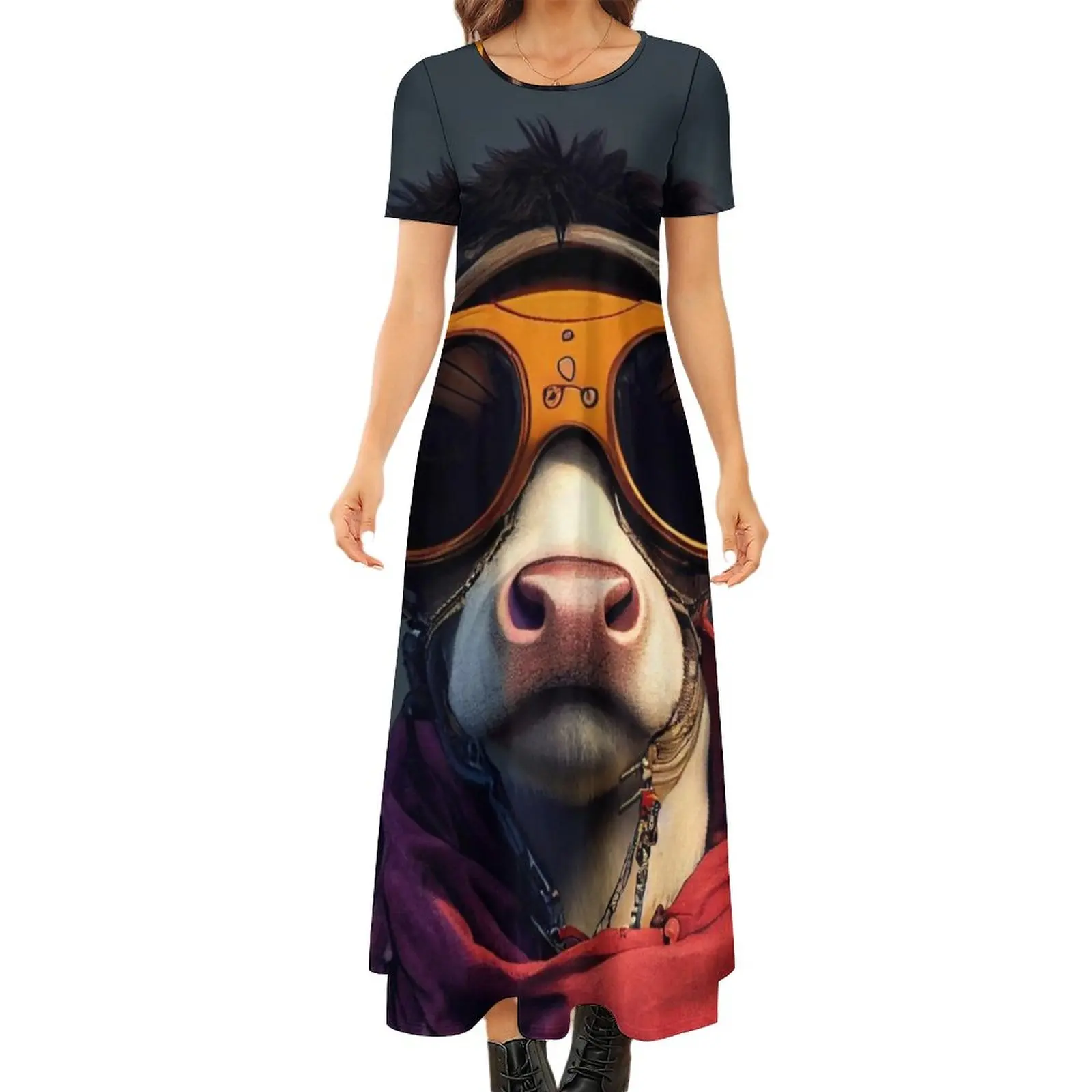 

Funny Pirate Cow Dress Animal Print Elegant Maxi Dress Short Sleeve Streetwear Boho Beach Long Dresses Women Big Size Clothing