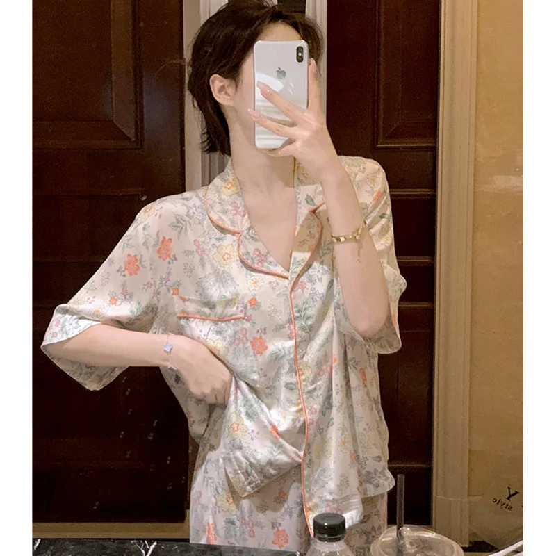 

French Pastoral Small Fresh Floral Cardigan Short Sleeve Pajamas Summer Thin Ice Silk Home Suit Lingerie Silk Pajamas for Women