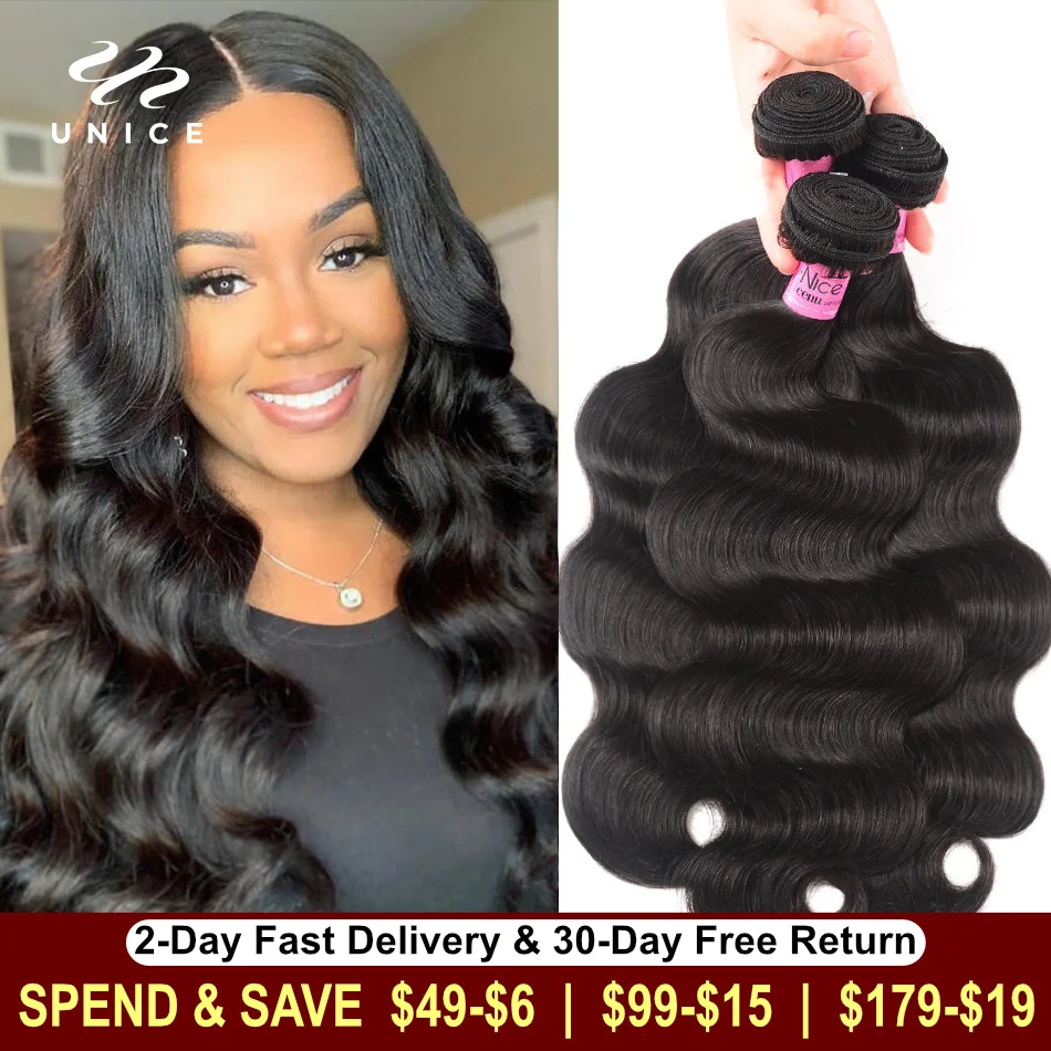 

UNice Hair Company Indian Hair Body Wave Human Hair Bundles 1 Piece Remy Hair Extensions Weave 8-30inch Can Mix Any Length