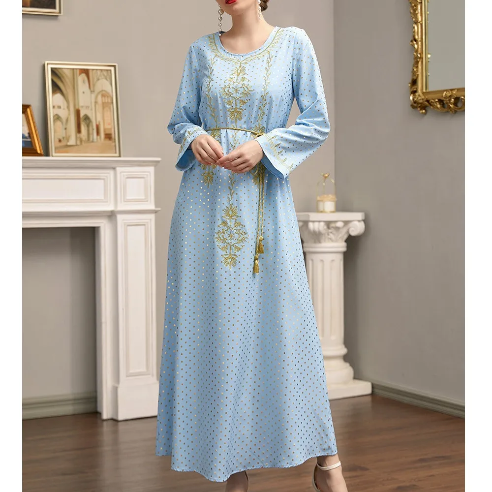 

2022 Women Muslin Dress Embroidery Printing Patchwork Long Sleeve Round Neck Pullover Elegant Mid-east Style Spring Ladies Dress