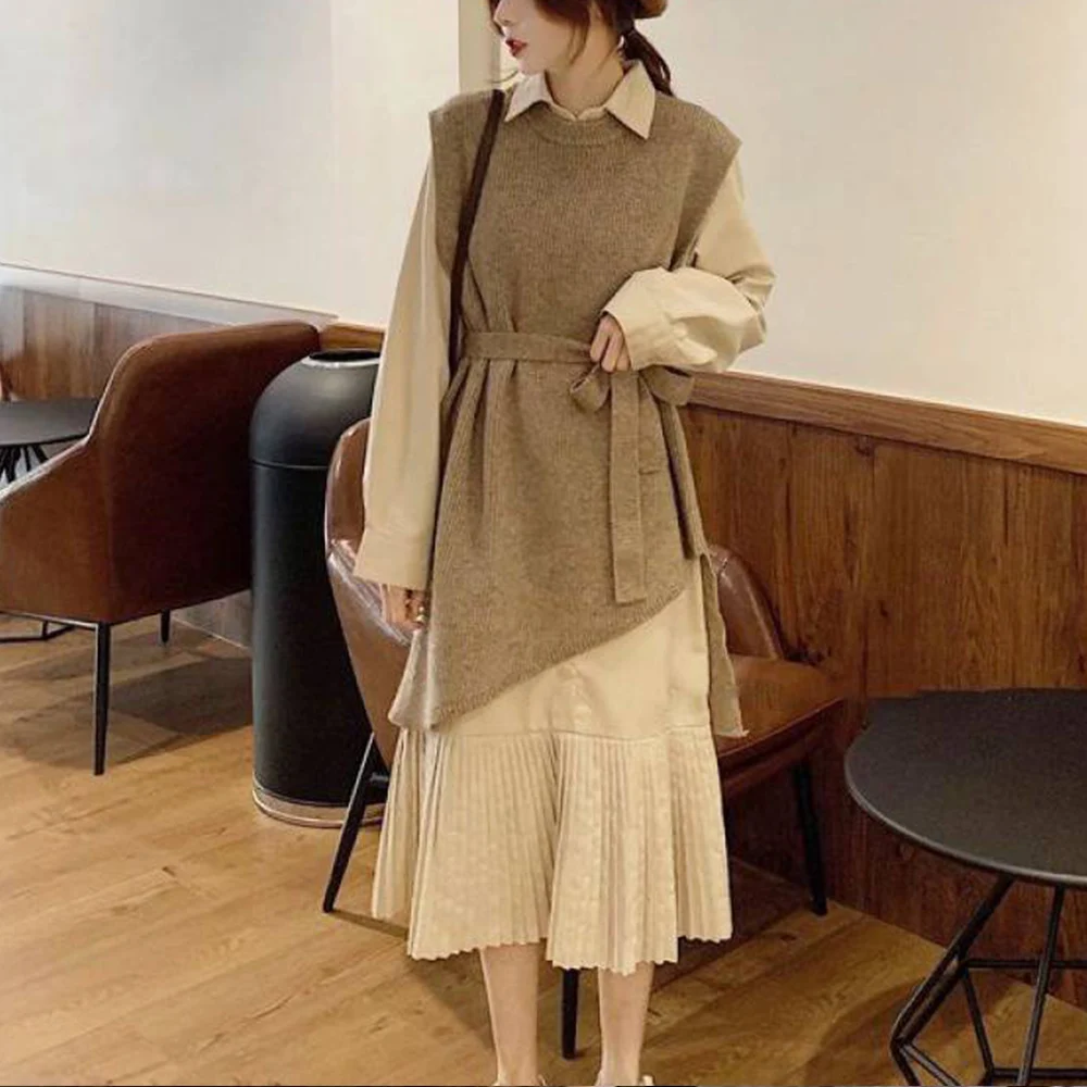 

Women's Dress Set Knitted Sweater Vest Irregular Long Pleated Skirt Two-piece Suit Slimming Elegant Ladies Dresses Temperament