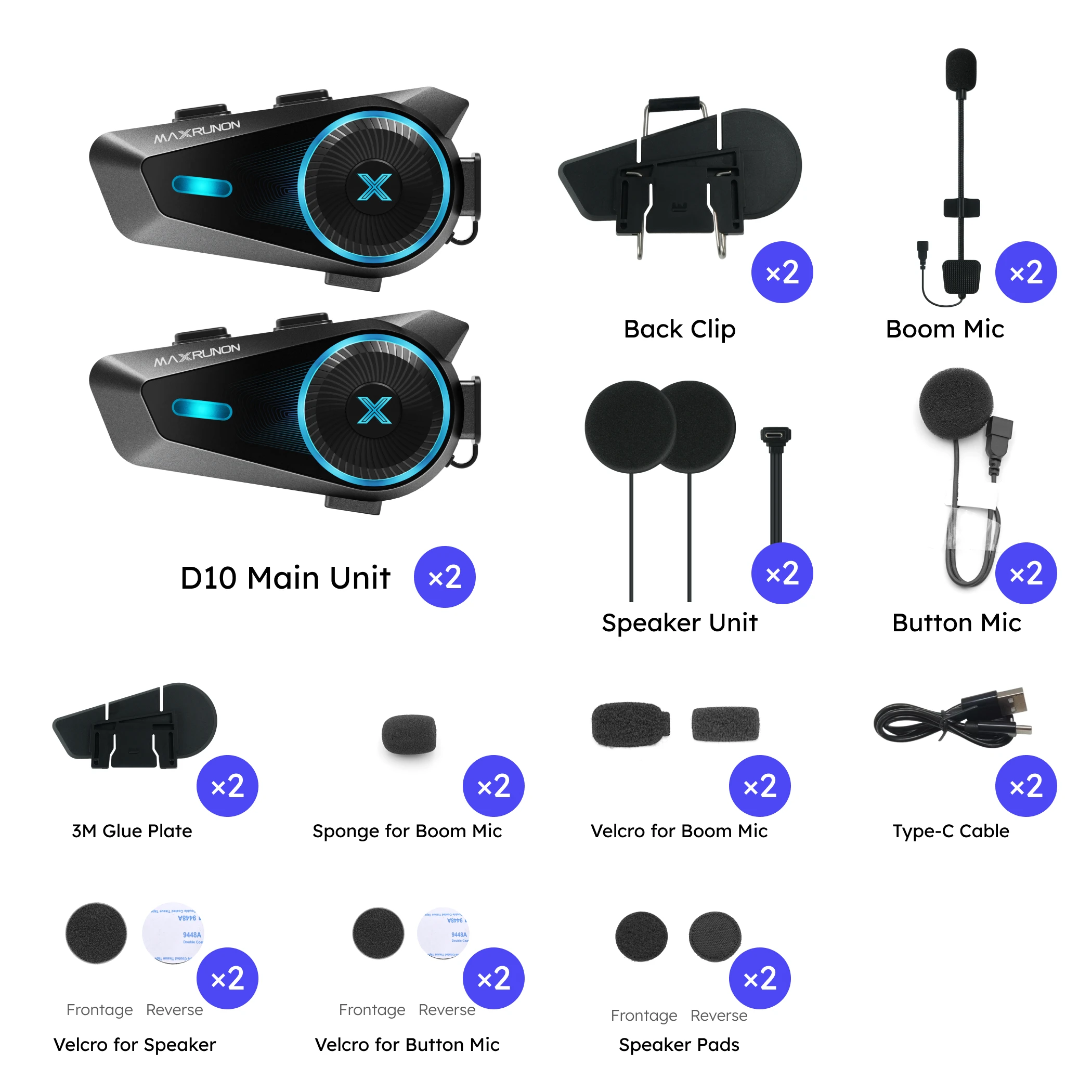 

MAXRUNON D10 Мотоциклетная гарнитура для 4 райдеров, групповой интерком для шлемов, приложение, голосовое управление AI, ENC, IPX7, FM, BT5.4