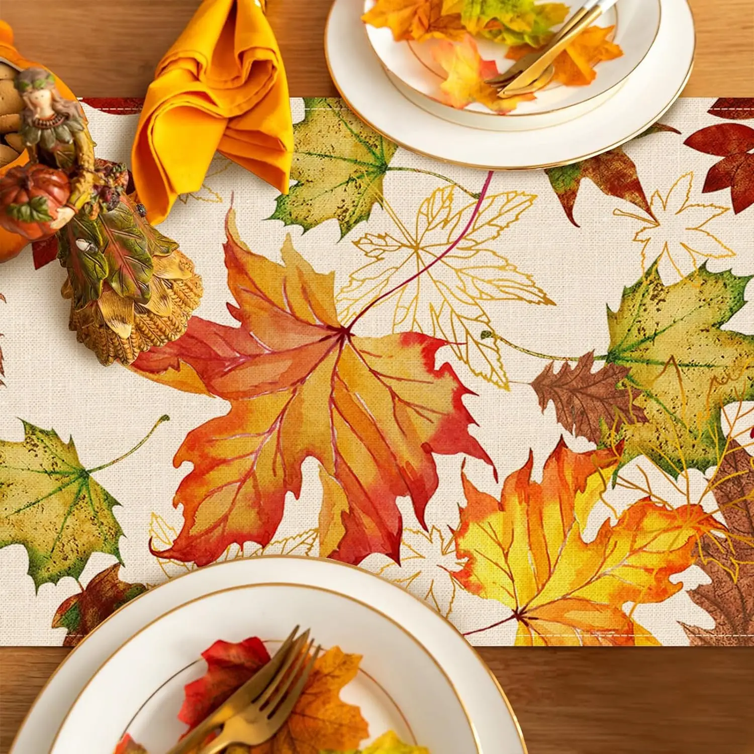 Осенняя льняная дорожка для стола с кленовыми листьями на День благодарения