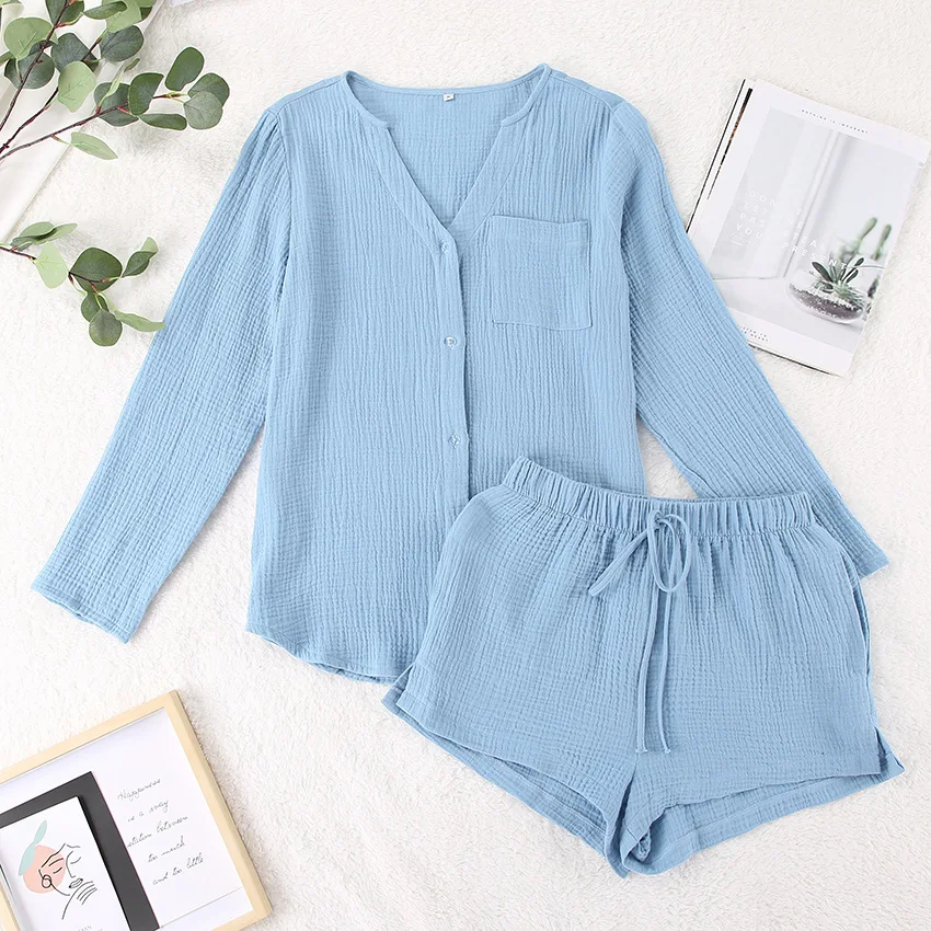 100%Cotton Autumn Sleepwear Suits With Shorts Pijama Pocket Nightwear Single Breasted Women's Nightgown Full Sleeve Women Pajama