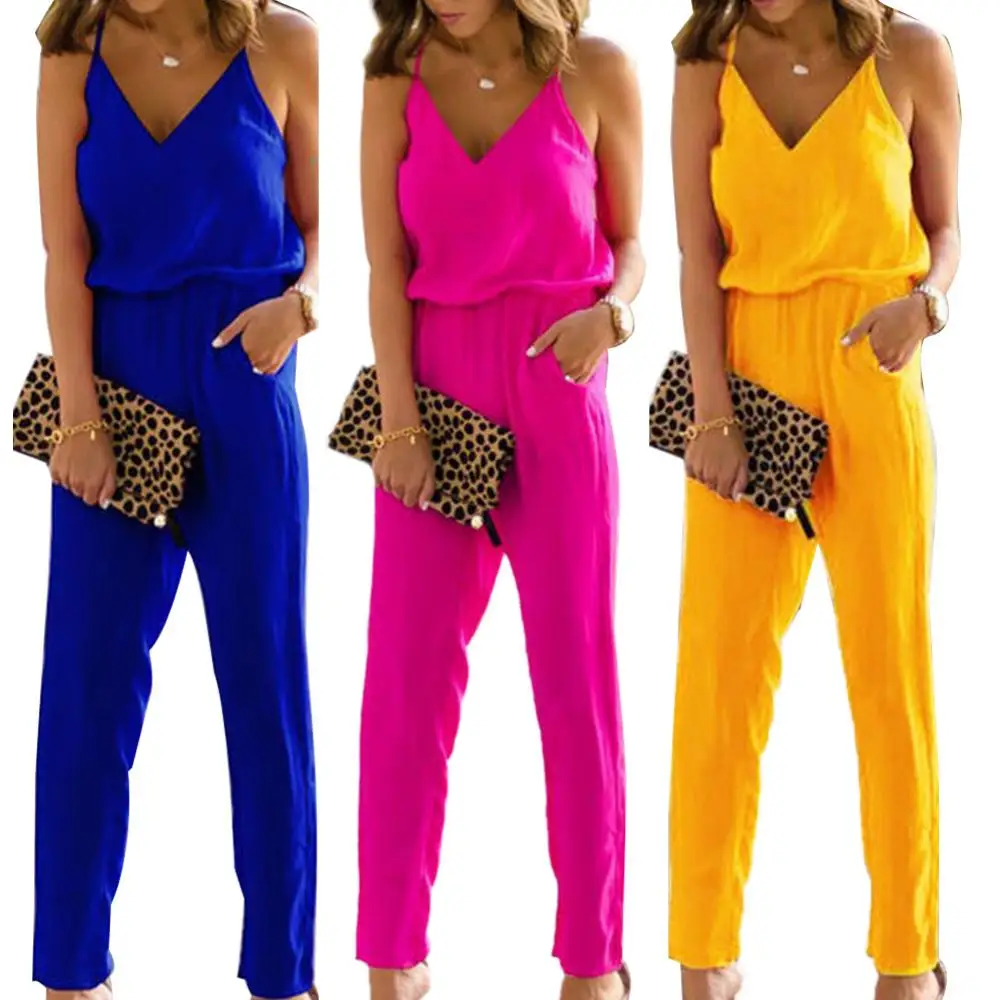 

Hot Sell Summer Solid Color V Neck Spaghetti Strap Jumpsuit Women Long Pants Romper