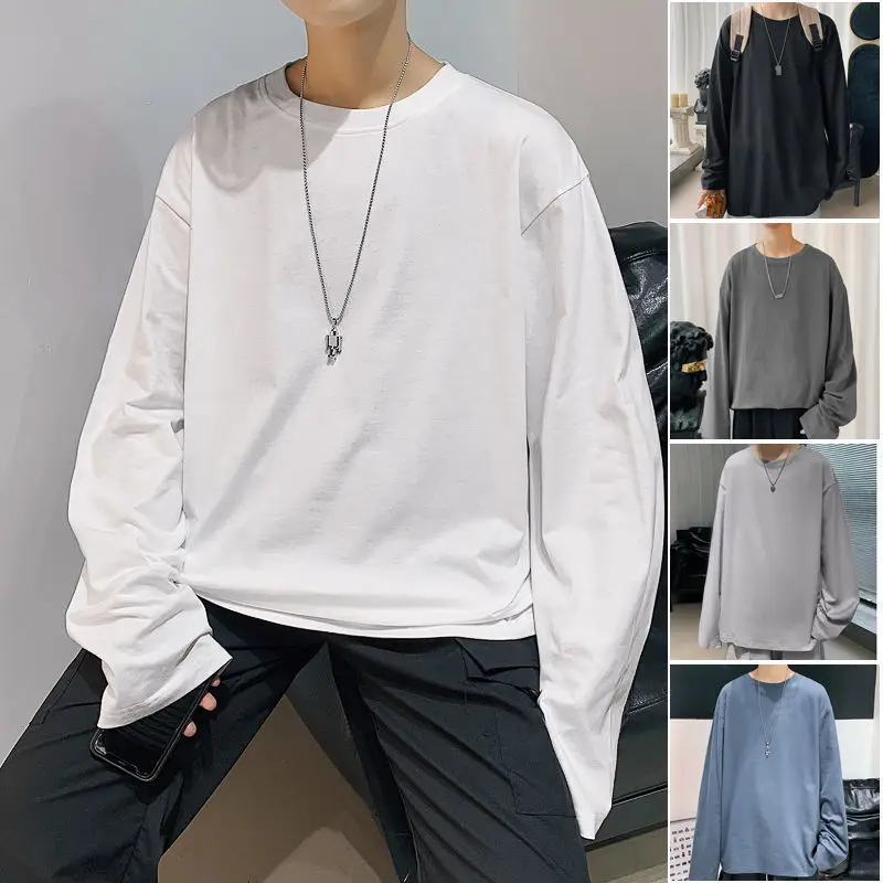 

Penjiag Men Long Sleeve T-shirts Casual Black White Vintage Fashion Korean Trendy Harajuku Basic Tee Shirt Oversized Tops