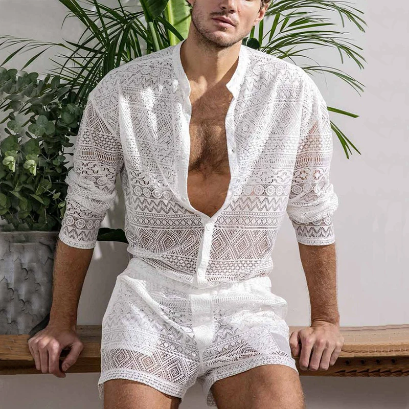 Summer Set Men Long Sleeve T-shirt Shorts Casual Holiday Beachwear Lace Sexy Top and Pants Two Piece Sets Man Matching Outfits