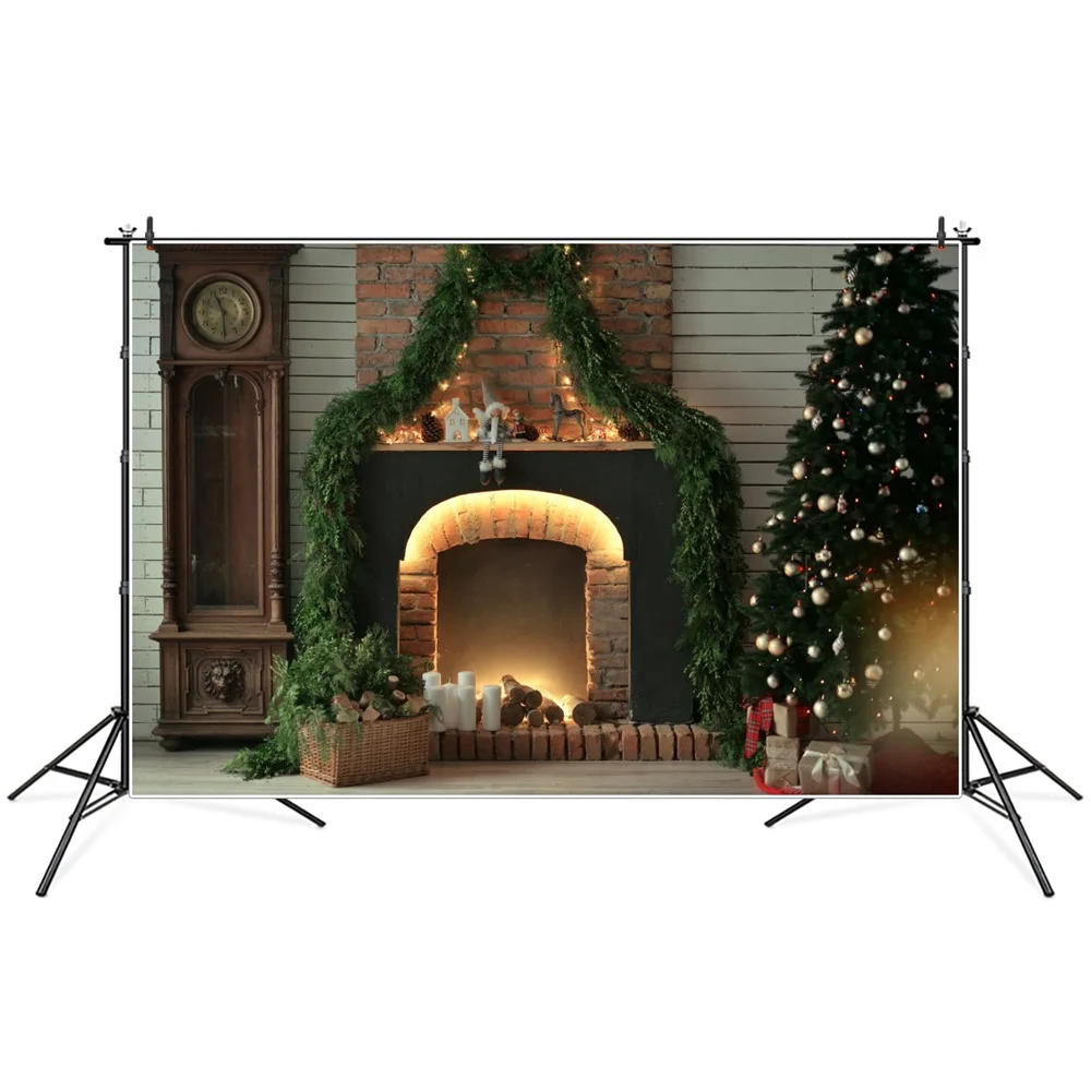 

Christmas Tree Garland Fireplace Clock Room Interior Photography Backdrops Custom Baby Party Decoration Photo Booth Backgrounds