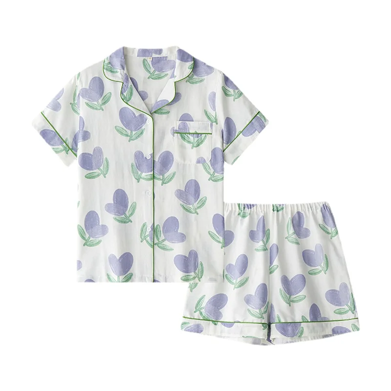 

2022 Women's Spring and Summer New Fresh Cardigan Short-sleeved Shorts Trousers Double-layer Cotton Gauze Multi-color Pajama Set