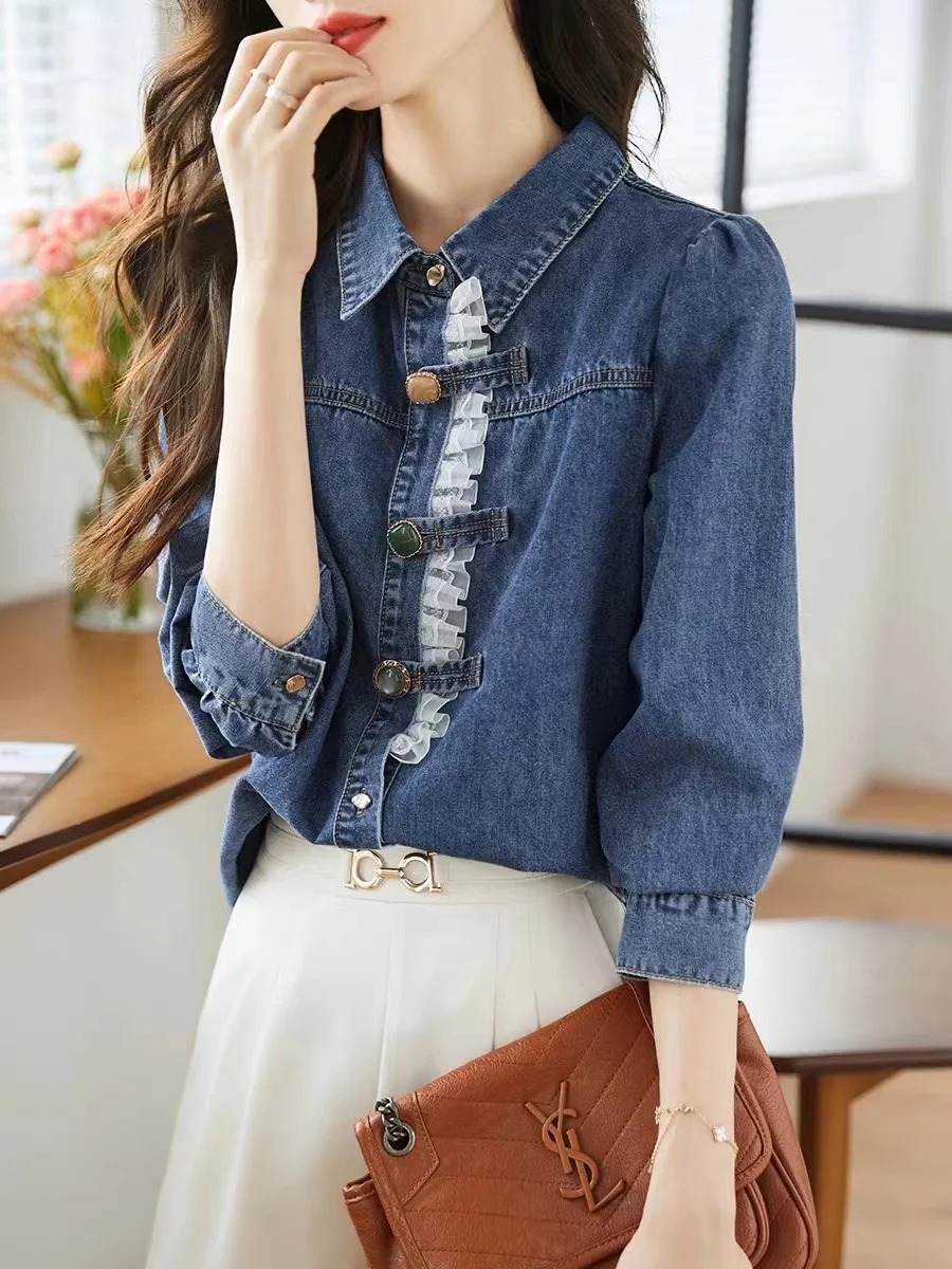 

Casual Loose Korea Denim Shirts For Women 2023 Autumn Vintage Women's Oversized Shirts And Blouses Fashion Youth Female Tops