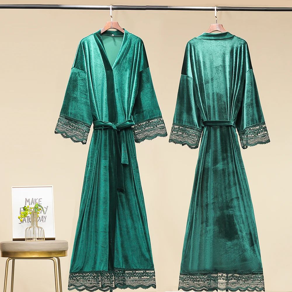 Owiter Women Long Solid Velvet Robe Bridal Robe Bridesmaid Robes Lace Trim Wedding Robe Sleepwear Bathrobe Dressing Long Gowns