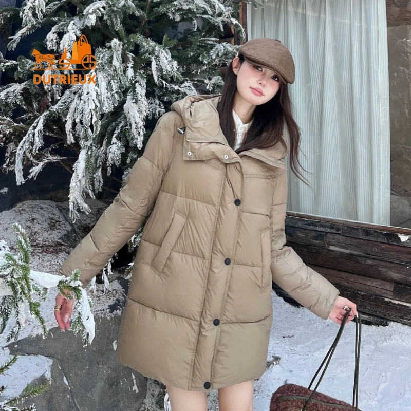 Новый зимний пуховик для женщин куртка средней длины с капюшоном из 90% белого