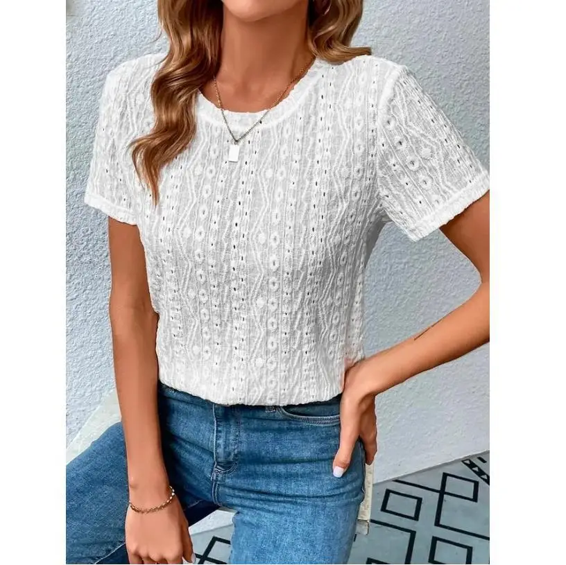 

Summer Floral Stitching Blouse T-Shirt Women Fashon Hollow-out O Neck Casual Shirt Solid Elegant Short Sleeve Tops Y2k Clothes
