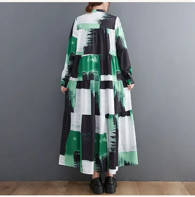 Оранжево-зеленые многослойные платья с длинным рукавом стильное платье-рубашка