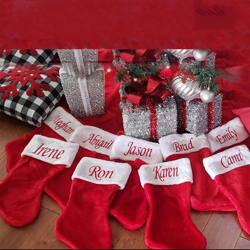 

Рождественские красные чулки с вышитым именем на заказ, Рождественская вечеринка, фотосессия с новым годом