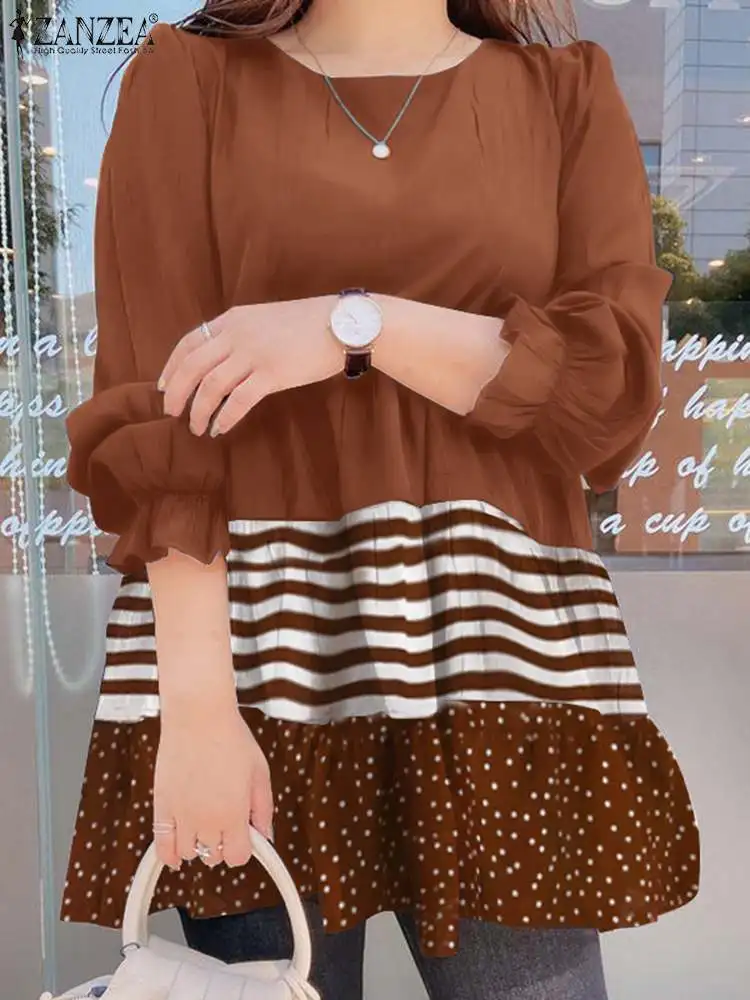 

2022 Fashion Holiday Ruffle Blouse Women's Elegant O Neck Tops Spring Autumn Long Sleeve Shirt Casual OL Patchwork Baggy Camisas