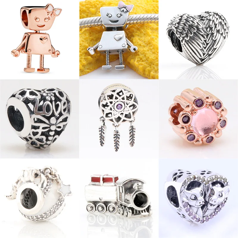 

925 Sterling Silver Robot Girl Feather Dream Catcher Crystal Beads For Original Pandora Charms Women Bracelets & Bangles Jewelry