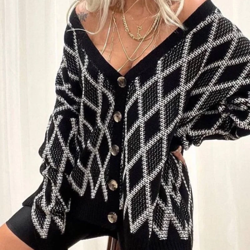 

Европейский и американский Новый ромбовидный вязаный кардиган, однобортный свитер, куртка, Топ