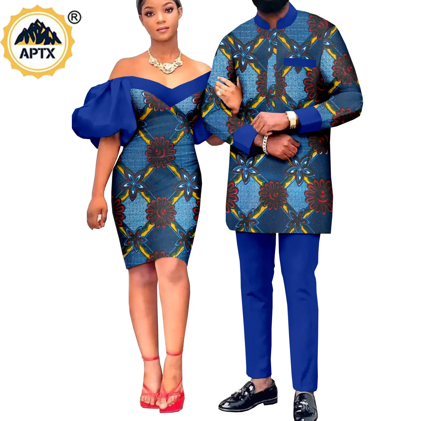 African Clothes for Couple Dashiki Women Ruffles Sleeve Print Dresses Matching Men Outfits Bazin Top and Pants Sets Y22C018