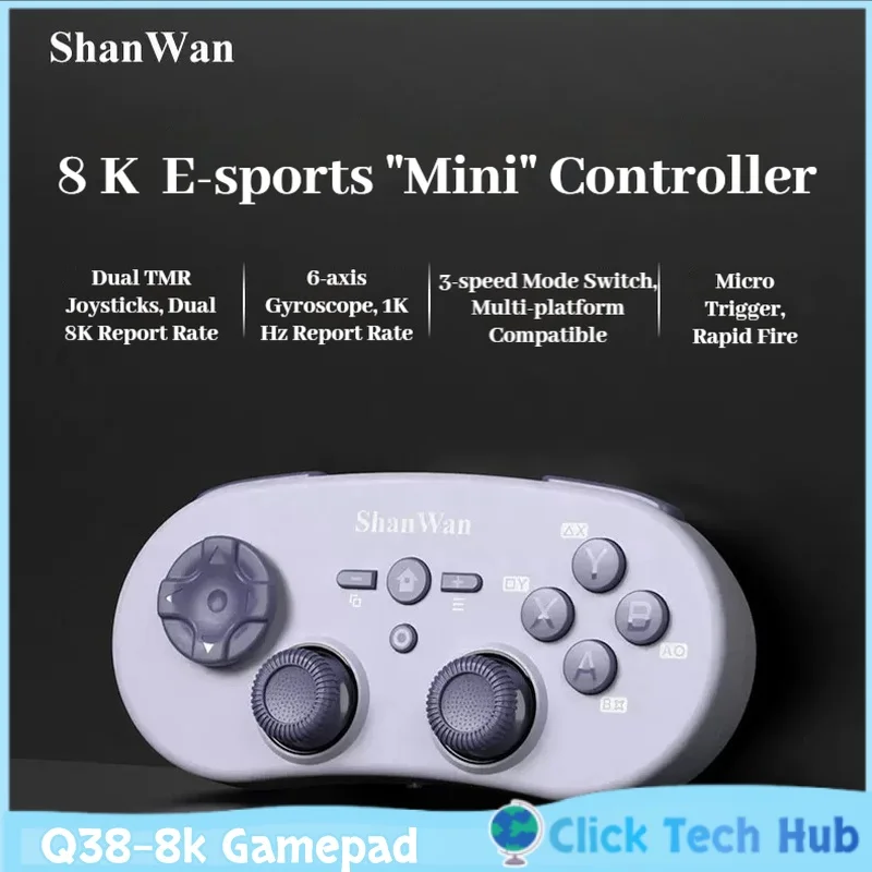 Фото Игровой контроллер ShanWan Q38 8K с двойным металлическим кольцом TMR, регулируемым джойстиком, тремя режимами, двойным мотором и микротриггерами №1