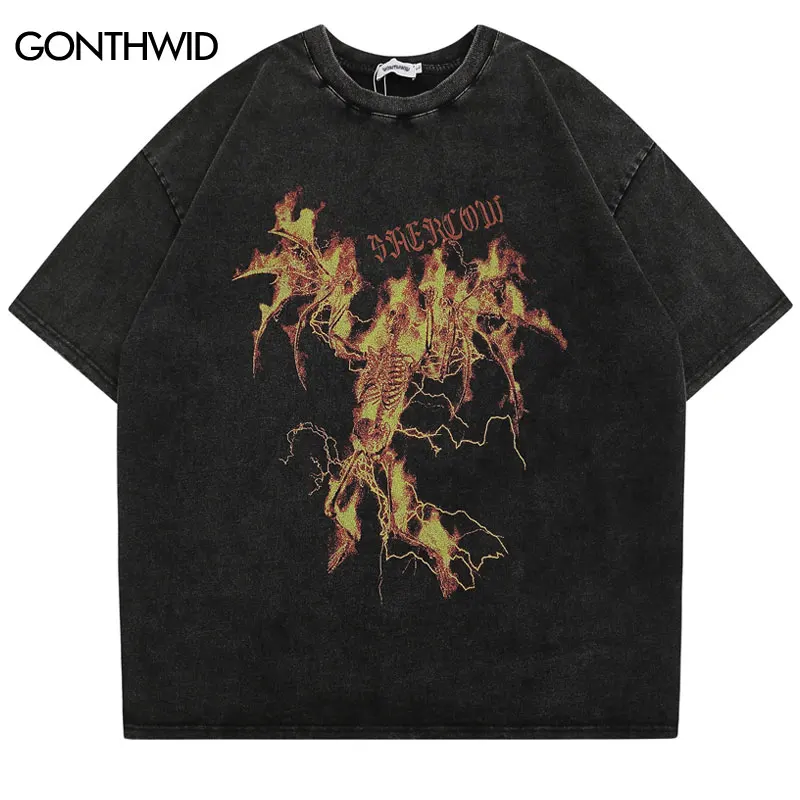 

Vintage T Shirt Oversized Hip Hop Flame Lightning Skull Skeleton Graphic Print Punk Tshirt 2023 Harajuku Gothic Washed Tee Top