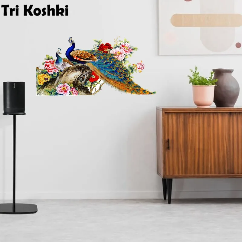 Наклейка Настенная с принтом павлинов и цветов водостойкая