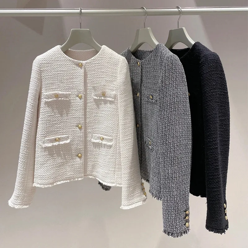 

Пальто в японском стиле, новинка 2023, милая куртка на раннюю осень, однотонная клетчатая Женская куртка с круглым вырезом и длинным рукавом, Chaquetas с золотой пряжкой