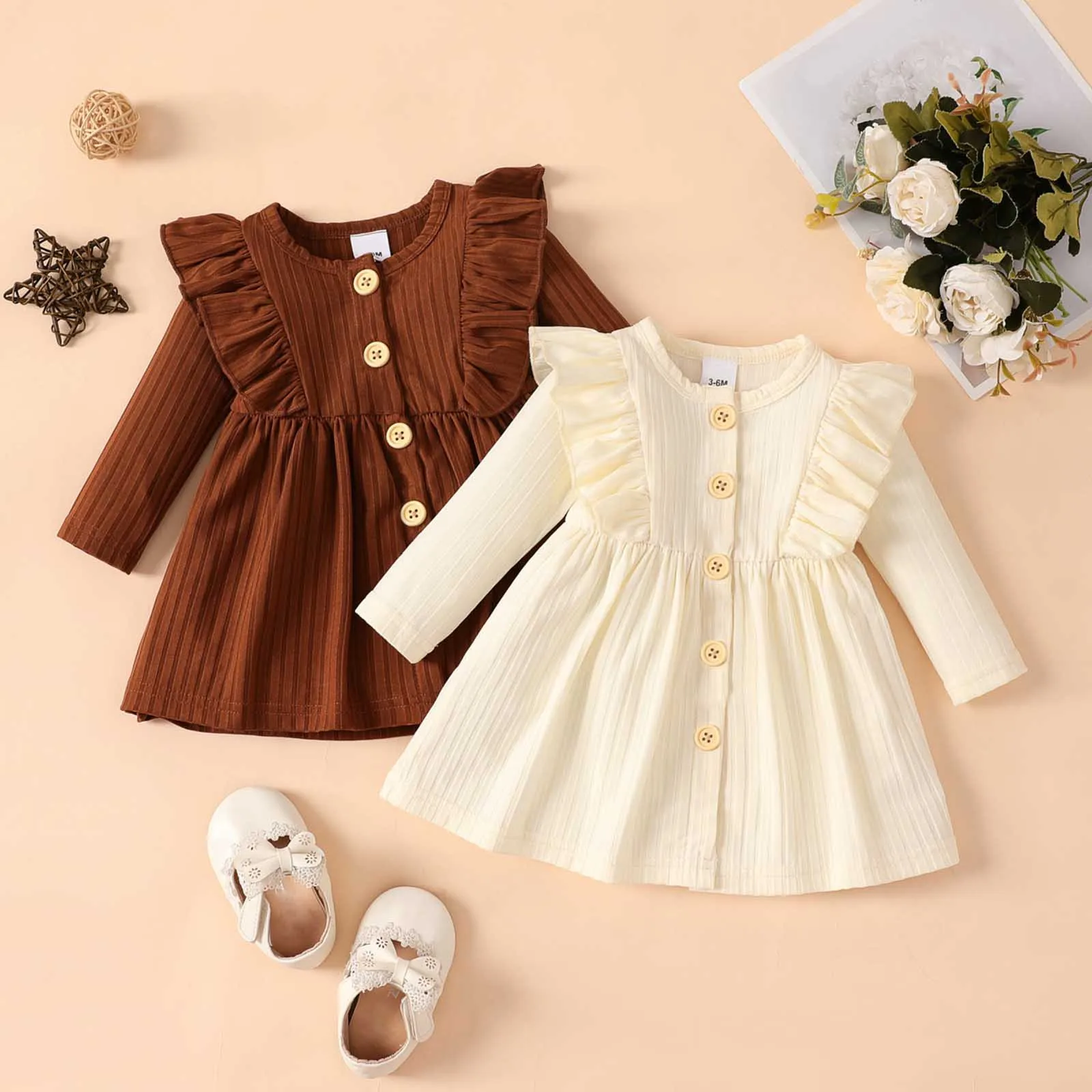 

Baby Girls Solid Color Dress Kids Casual Long Sleeve Buttons Dress Toddler Spring Autumn Ruffle Princess Dress Party Gown Dress