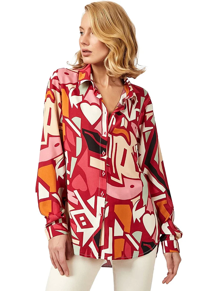 

Oversize Shirt Women Chic Button Down Shirts Blouses Female Turn Down Collar Patchwork Printed Designer Shirts Fashion Tops