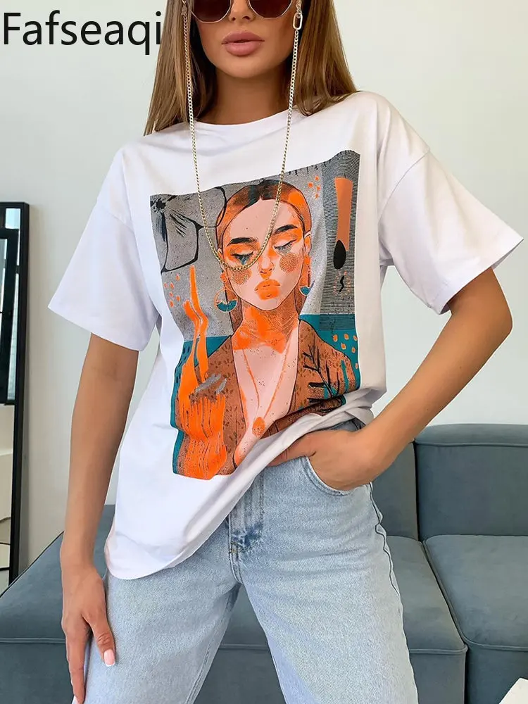 

100% Cotton Women's Oversized T-shirts with Print Comics Tees Simple Short Sleeve Tops Summer Basic Soft T-shirt for Women 2023
