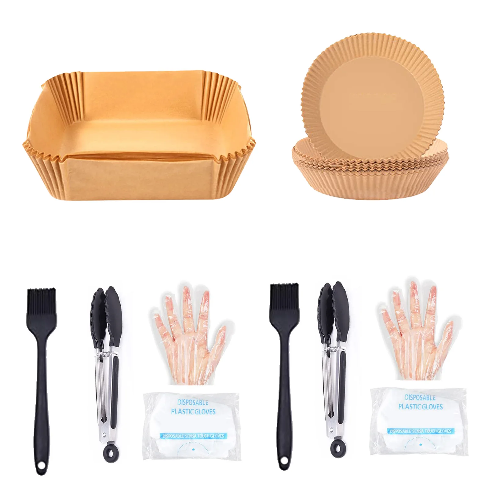 100pcs Air Fryer Paper Liner Kit 100 Oil Resistant Air Fryers Papers 100 Dis-posable Gloves 1 Grill Tong 1 Brush Dis-posable