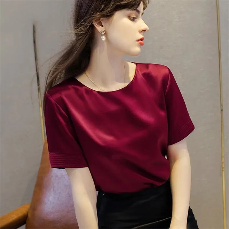 

New Women Vintage Satin Short Sleeves Tops Summer Solid Ice Silk T- Shirt Ladies O-Neck Elegant Retro Blusas Female Blouse