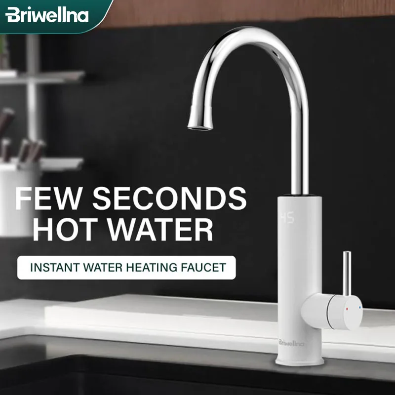 Briwellna Electric Water Heater Flowing Kitchen Faucet 2 in 1 Tankless Water Heating Tap 360° Swivel Spout Faucet Mini Geyser