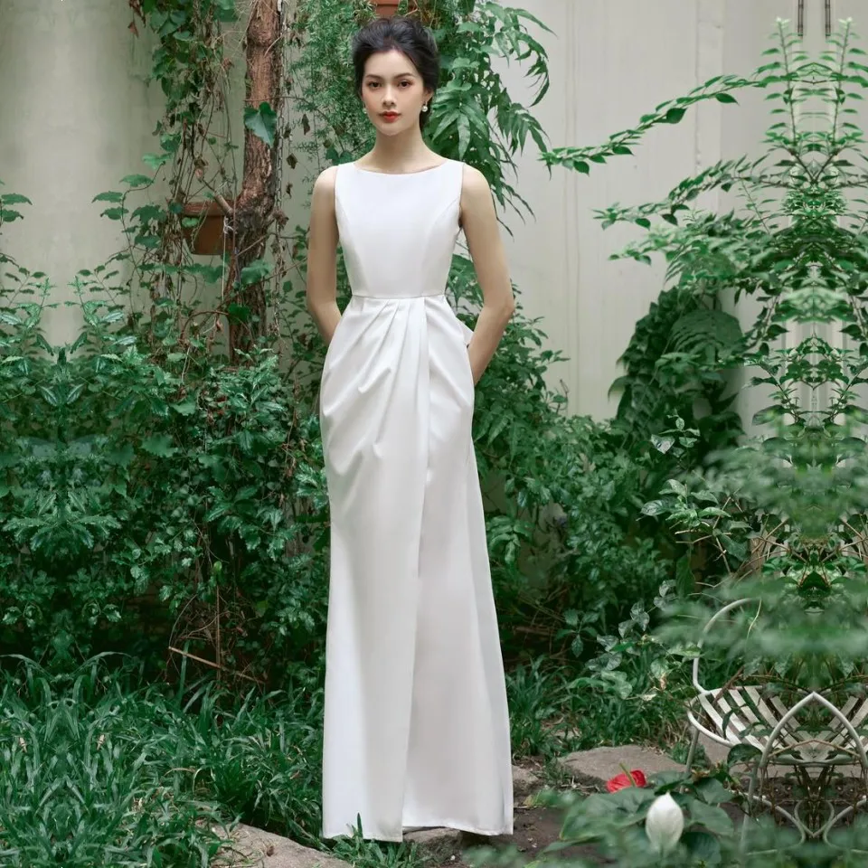 

Slit Boat Neck Beach Floor Length Wedding Dress Sleeveless Soft Satin With Bow Back Bridal Gowns vestidos de mairee Wedding