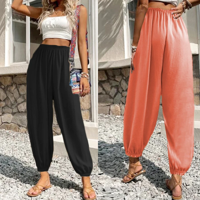 

Брюки женские хлопково-льняные однотонные с эластичным поясом, повседневные свободные пляжные штаны-султанки в ретро стиле, на лето