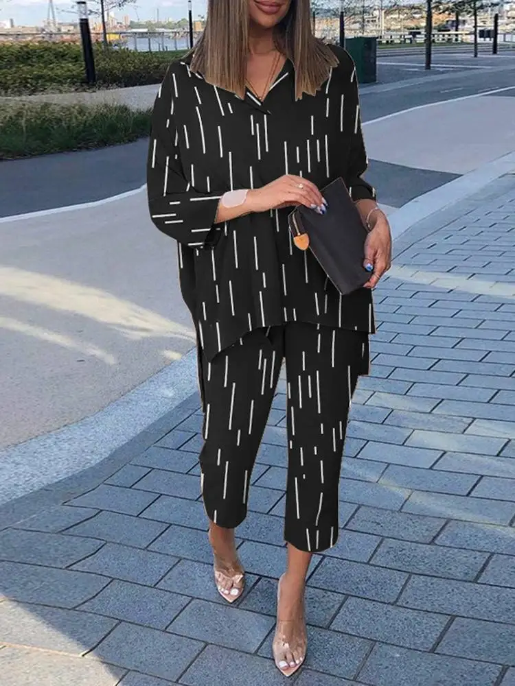 

Oversize Casual Holiday Side Slit Pant Suit ZANZEA Summer Stripe Printed Matching Sets Full Sleeve O-Neck High Low Blouse