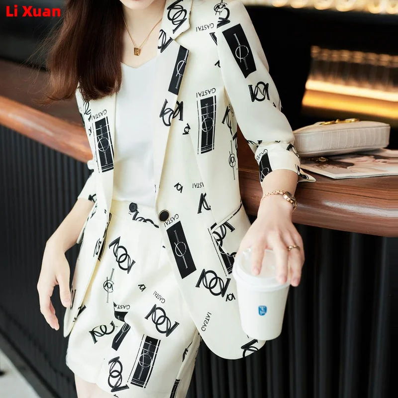 2023 Summer Thin Fashion Loose Casual Medium Length Femme Jacket Pantsuits Korean Women Office Print Blazer Shorts Set 2-piece