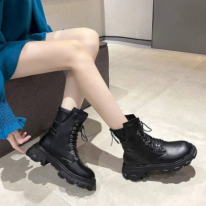 2022 Autumn New Lace Retro Motorcycle Boots Women British Thick Heel Platform Boots Women Shoes PU Round Toe Ankle Boots Winter