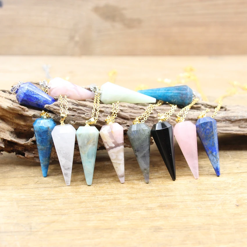 

Faceted Point Pendulum Pendants Gold/Silver Chains,Natural Stone Sakura Agates Cone Charms Necklaces Women Boho Jewelry,QC3255