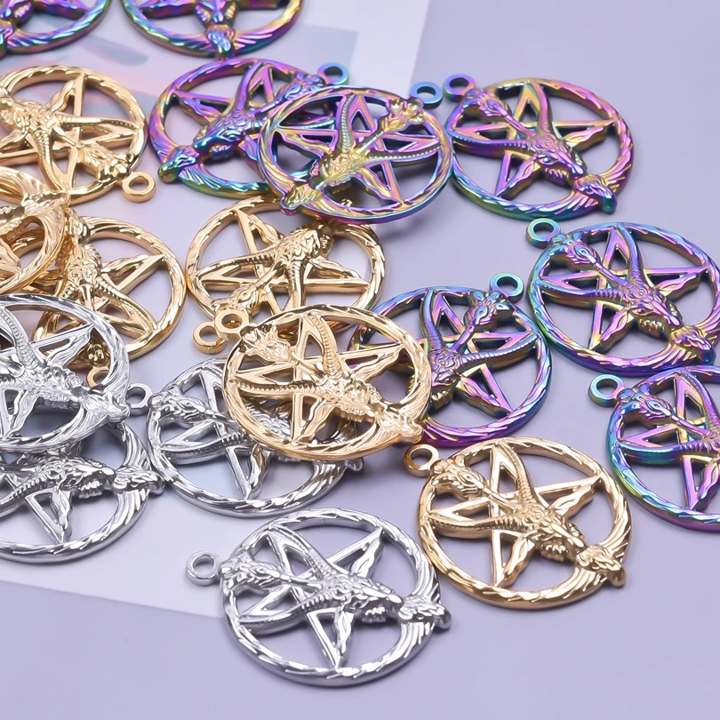 

5pcs Vintage Animal Goat Head Crown Pentagram Bulk Charms For Jewelry Making Supplies Round Hollow Star Stainless Steel Pendants