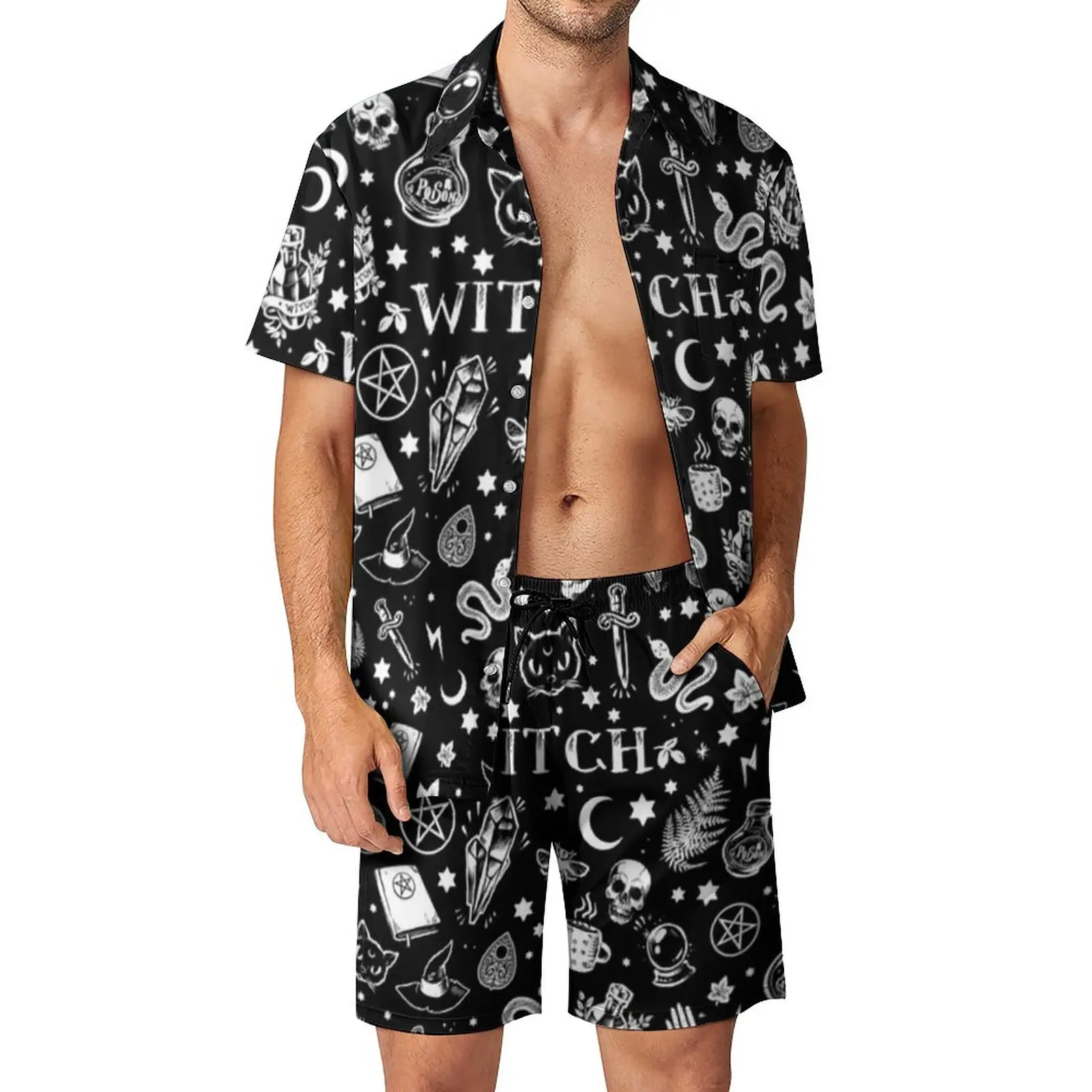 

Gothic Men Sets Witch Horror Casual Shirt Set Hawaii Vacation Shorts Summer Pattern Suit 2 Piece Clothes Plus Size